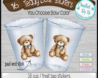 Teddy bear party cup stickers Teddy bear baby shower favors Teddy bear treat bag stickers We can bearly wait theme Disposable cup stickers
