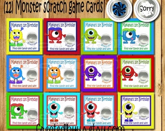 Monster Birthday Party game Birthday Scratch Off Cards Scratch off game cards Party Scratch off ticket Monster games 12 Precut printed