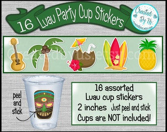 Luau party cup stickers Hawaiian cup stickers Hawaiian party favors disposable cup stickers Luau treat bag stickers Luau Party Favors