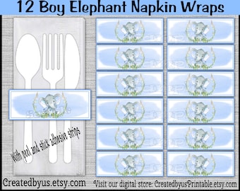 Watercolor Baby boy Elephant Napkin wraps Baby shower Decoration Baby elephant napkin bands Paper napkin ring holder utensil wrap 12 printed