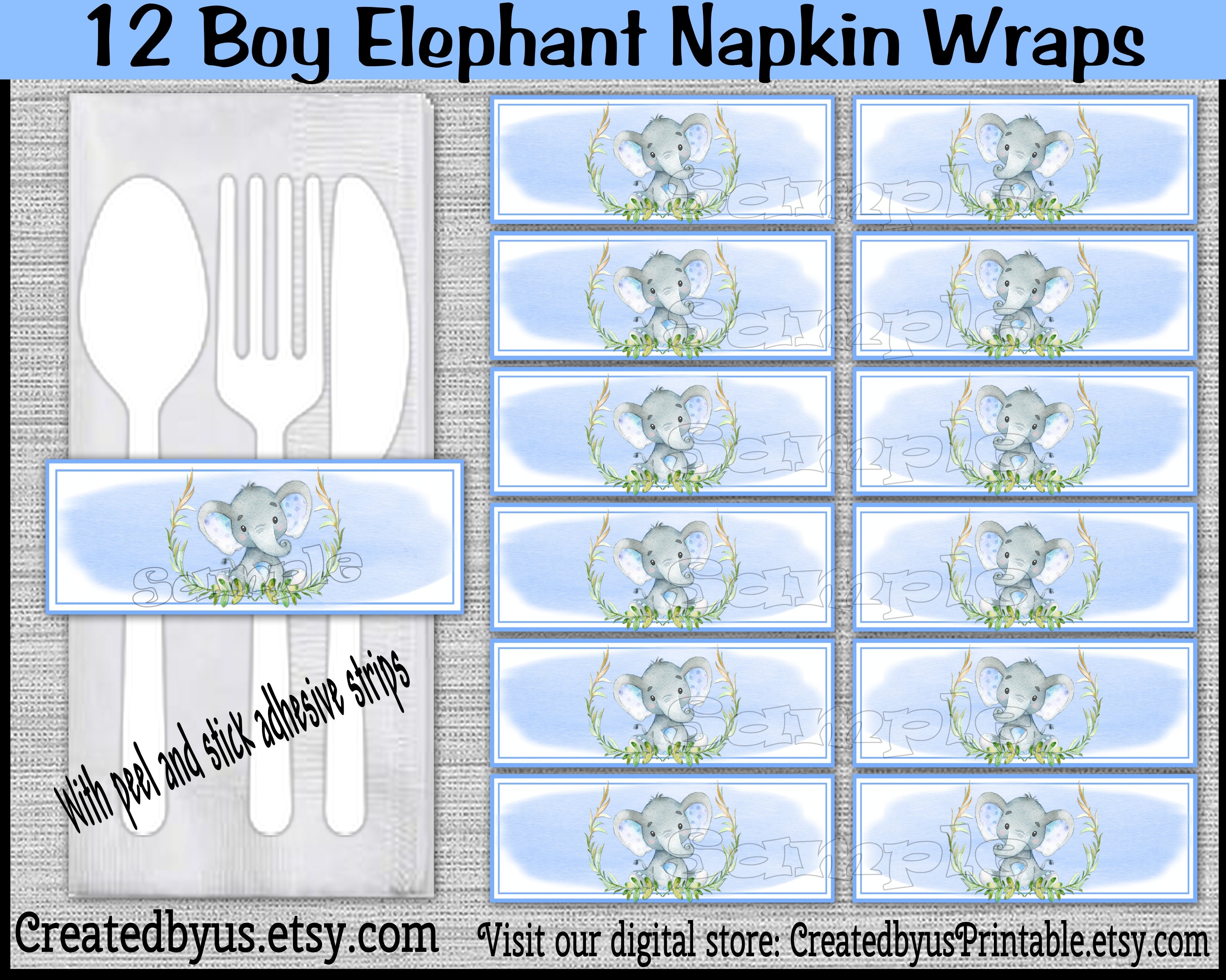 Watercolor Baby boy Elephant Napkin wraps Baby shower Decoration Baby elephant napkin bands Paper napkin ring holder utensil