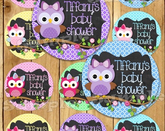 Owl stickers Baby shower decorations Owl Party favor tags Thank you tag Gift tag Cupcake toppers Owl theme tags labels Personalized PRECUT