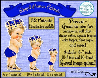 May include: A set of 32 printable royal prince cutouts in blue and gold. The cutouts are available in three sizes: 6-7 inches, 10-4 inches, and 16-2 inches. The cutouts are perfect for parties, decorations, and crafts.