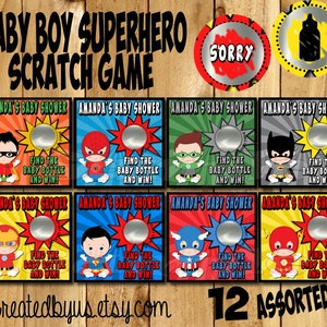 Superhero Baby boy Scratch Game Baby shower scratch off cards Game Scratch Baby Boy Superhero Scratch off game Favors Scratch tags 12 Precut