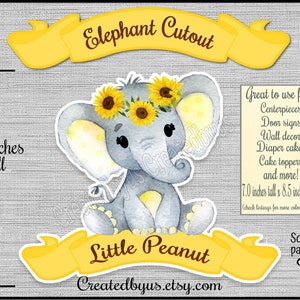 Little Peanut Sunflower Girl Elephant centerpiece cutout Party decorations It&#39;s a girl baby shower Sunflower Elephant cake topper 7x8.50