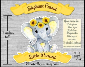 Little Peanut Sunflower Girl Elephant centerpiece cutout Party decorations It's a girl baby shower Sunflower Elephant cake topper 7x8.50