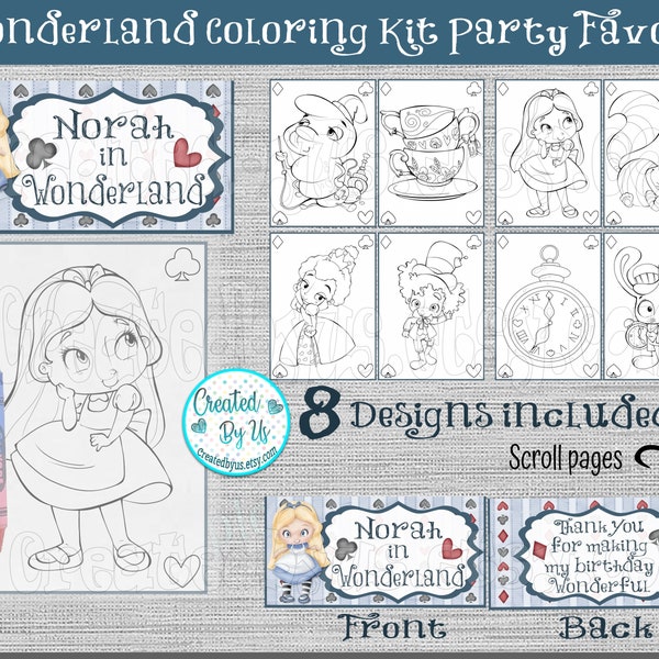 Wonderland Mini Coloring Pages and Crayons Wonderland party favors Coloring kit Personalized Birthday Party Favors Custom party gifts