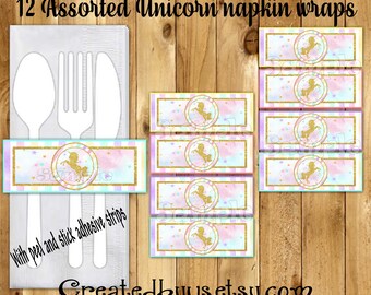 Unicorn Napkin wraps Gold glitter unicorn Baby shower Decorations Unicorn Birthday napkin bands Paper napkin ring holder 12 peel and stick