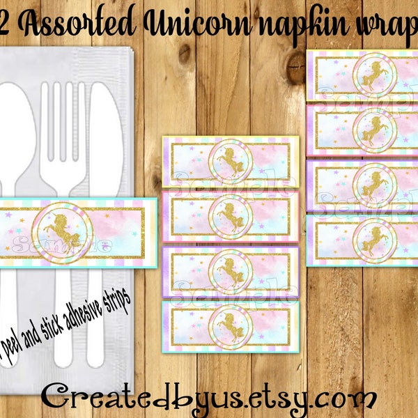 Unicorn Napkin wraps Gold glitter unicorn Baby shower Decorations Unicorn Birthday napkin bands Paper napkin ring holder 12 peel and stick