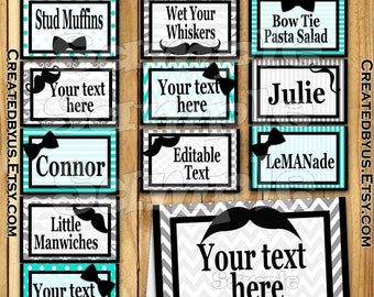 Little man food tent cards Lil man tent cards Name cards Place cards Table decorations Gentleman birthday Table decor Teal Grey 12 PRECUT