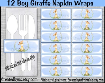 Watercolor Baby boy Giraffe Napkin wraps Baby shower Decorations Baby Giraffe napkin bands Paper napkin ring holders utensil wrap 12 printed