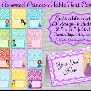 Princess tent cards Name cards Table place cards Table decorations Princess food tent cards Princess birthday Table Label decor 12 PRECUT