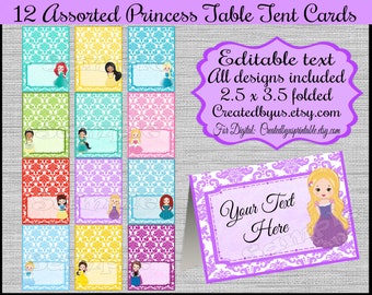 Princess tent cards Name cards Table place cards Table decorations Princess food tent cards Princess birthday Table Label decor 12 PRECUT