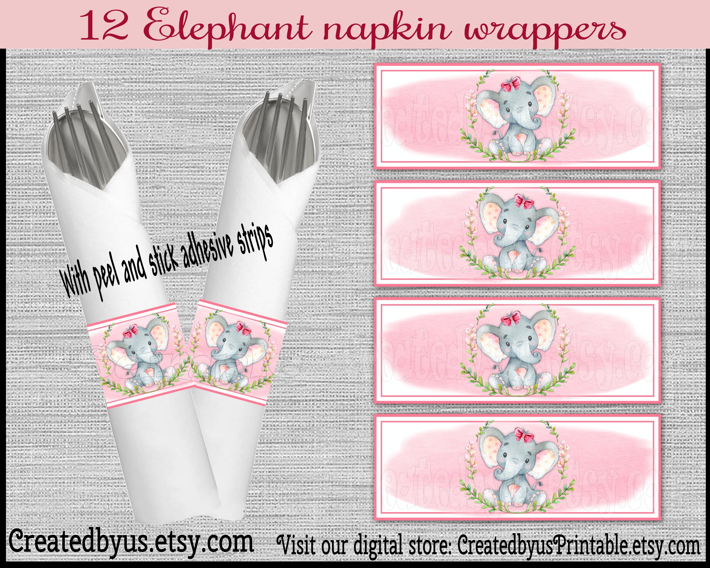 Baby girl Elephant Napkin wraps Baby girl shower Decorations Baby elephant napkin bands Paper napkin ring holder utensil wrap