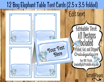May include: Twelve printable table tent cards featuring a blue watercolor background with a cute gray elephant illustration. The cards are 2.5 inches by 3.5 inches when folded. The text on the cards reads "Your Text Here".