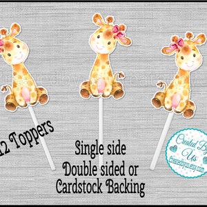 Baby Girl Giraffe Cupcake Toppers Girl Baby giraffe Baby shower party Jungle Safari cupcake picks Double Sided cake toppers 12 assembled