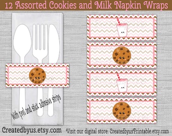Cookies and milk Napkin wraps Girl Birthday Decorations baby shower napkin band Paper napkin ring holder utensil wrapper 12 peel and stick