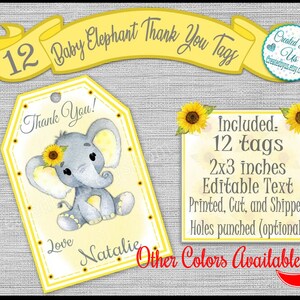 Sunflower Baby girl Elephant Thank you tags birthday party tags PERSONALIZED Sunflower baby shower Party favors Custom gift tags 12 PRECUT