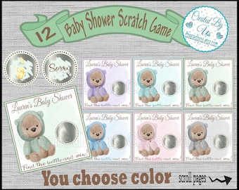 Teddy Bear Baby Shower game  baby shower ideas Custom game cards Neutral Baby shower Scratch off card Scratch off favors 12 Precut printed