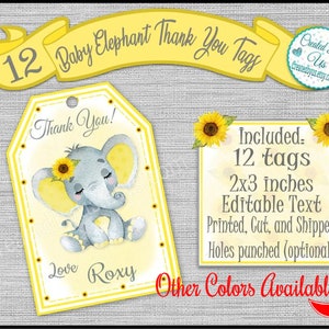 Sunflower Baby girl Elephant Thank you tags Sunflower baby shower birthday party tags PERSONALIZED Party favors Custom gift tags 12 PRECUT