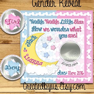Gender Reveal scratch off cards Custom Twinkle star Pregnancy announcement card gender announcement cards baby boy baby girl tag 12 Precut