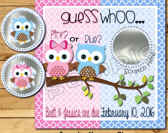 Gender Reveal scratch off cards Custom Cute Owl Baby Pregnancy announcement card gender announcement cards baby boy baby girl tag 12 Precut