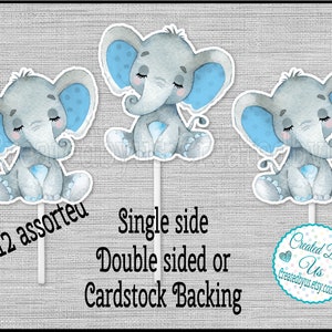 Baby Boy Elephant Cupcake Toppers Watercolor sleeping elephant Baby shower party favors cupcake picks Double Sided cake topper 12 assembled