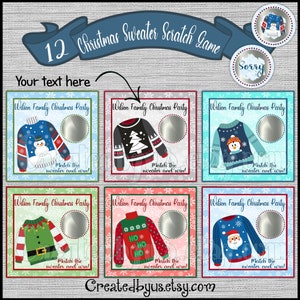 Christmas sweater scratch game cards Christmas party game Sweater scratch tag Family Party Scratch off game Holiday games 12 Precut Printed