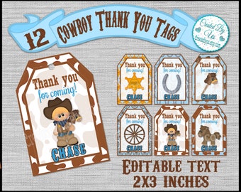 Cowboy Thank you tags PERSONALIZED Cow boy Birthday tags Cowboy baby shower Cowboy Party favors birthday party Custom Gift tag 12 PRECUT