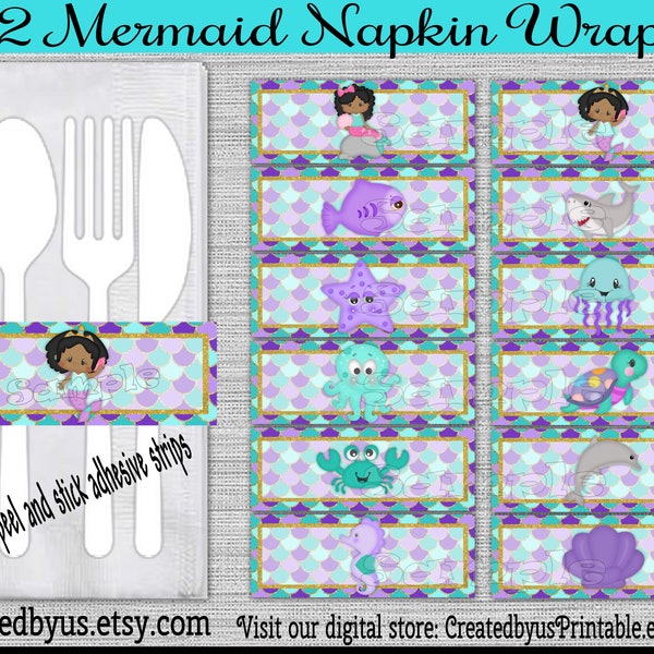Mermaid napkin wraps Baby shower Decorations mermaid Birthday napkin band Paper napkin ring holder Birthday utensil wrapper 12 peel stick AA