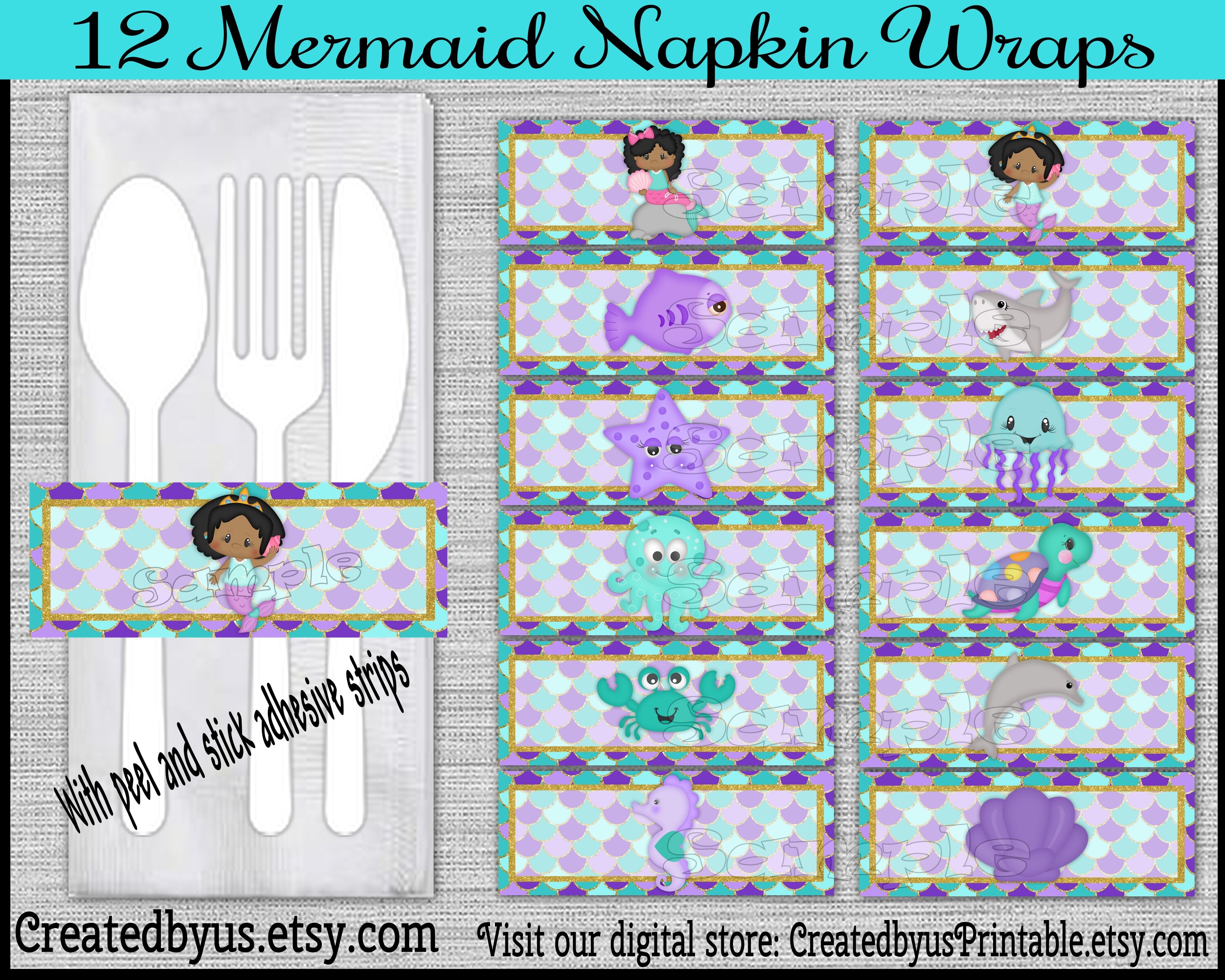 Mermaid napkin wraps Baby shower Decorations mermaid Birthday napkin band Paper napkin ring holder Birthday utensil wrapper