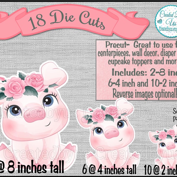 Girl Baby pig cutouts party decorations Farm baby shower Baby pig centerpiece decorations Farm 1st Birthday table decoration 18 Die cuts