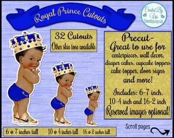 May include: A set of 32 royal prince cutouts in blue and gold. The cutouts are available in three sizes: 6-7 inches, 10-4 inches, and 16-2 inches. The cutouts are perfect for parties, decorations, and crafts.