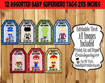 Baby boy Superhero Thank you tags Superhero Baby Shower PERSONALIZED Superhero Birthday Party favors Custom Gift tags  12 PRECUT Printed