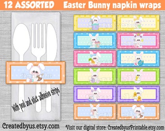 Easter Napkin wraps Easter bunny Baby shower Decorations Easter Birthday napkin bands Paper napkin ring holder wrappers 12 peel and stick