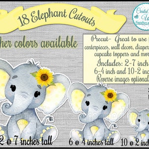 Girl Baby Elephant cutout decoration watercolor sunflower elephant baby shower Yellow It&#39;s a Girl Elephant 1st Birthday decor 18 Die cuts