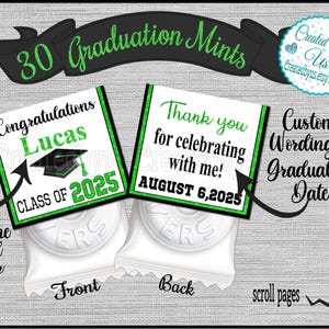 Graduation Mint Favors Green Black Graduation Party mints Class of 2025 Printed Mint Topper Personalized Party Favor Thank you favors Precut