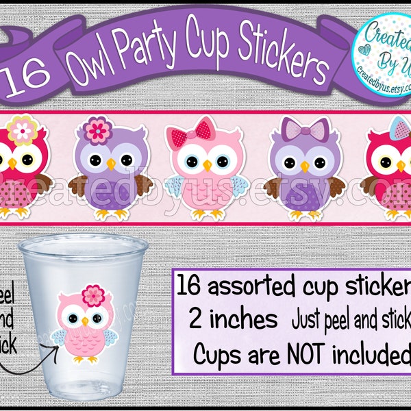 Owl party cup stickers Girl owl cup stickers Owl Birthday Cup stickers Disposable cup sticker Owl Treat bag stickers Owl Baby Shower favors