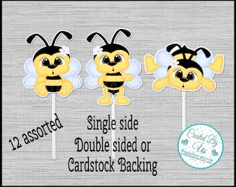 BumbleBee Cupcake Toppers Bee cupcakes Bumble bee baby shower Birthday party favors Double Sided cake topper cup cake top 12 assembled