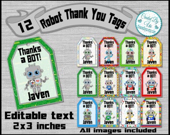 Robot Thank you tags Robot Baby Shower PERSONALIZED Robot Birthday Party favors Thanks a bot Custom Gift tags favour tags 12 PRECUT Printed