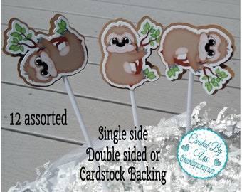 Sloth cupcake topper baby Sloth Cupcake pick Sloth Baby shower Sloth Birthday party favor Double sided cake topper cup cake top 12 assembled