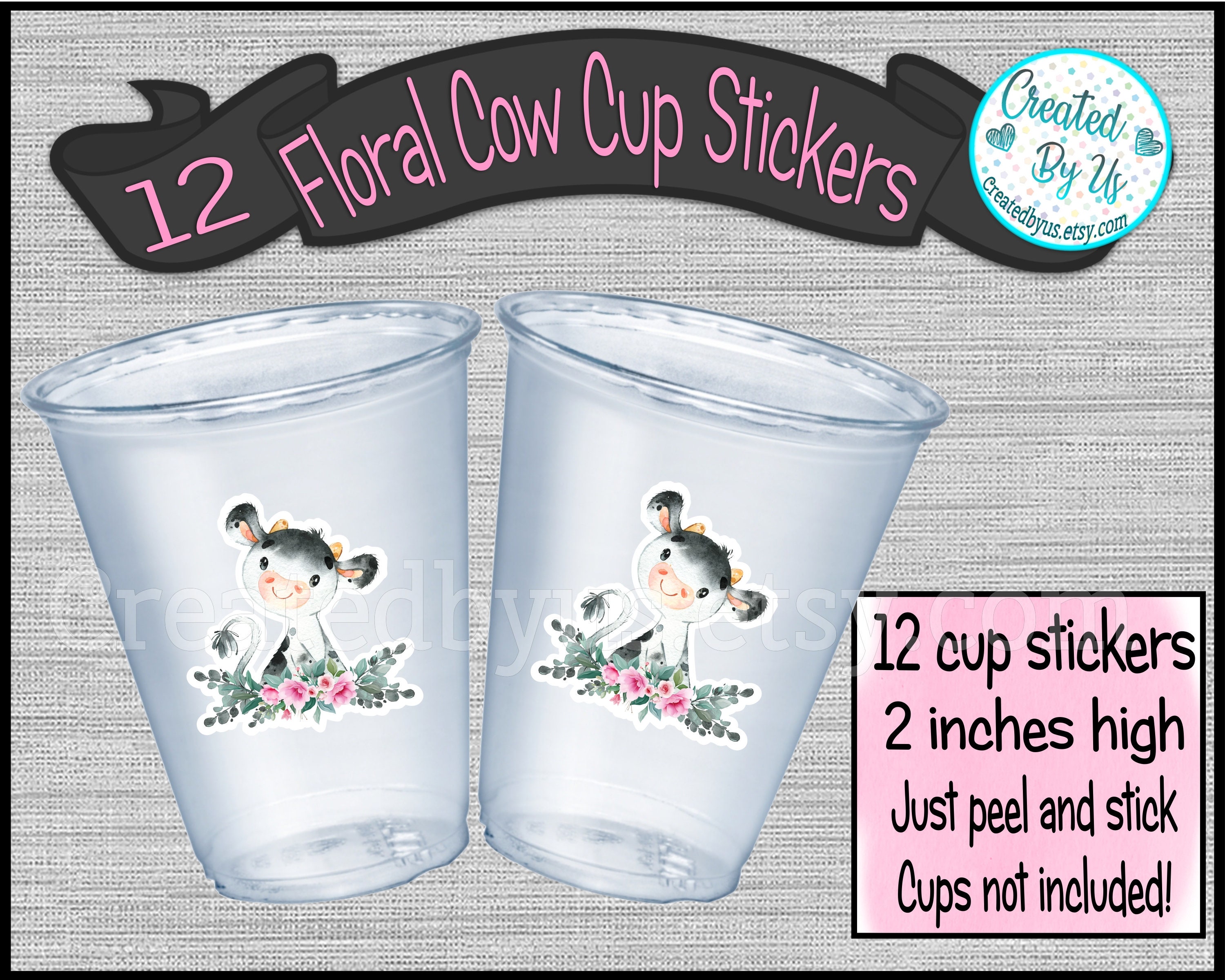 Baby Cow party cup stickers Pink floral cow baby shower stickers Pink farm Baby shower favor labels Cow baby decals