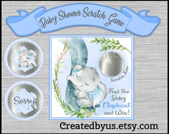 Boy Baby Elephant Shower game Baby boy shower ideas Custom game cards Baby shower Scratch off card Scratch off favors 12 Precut printed