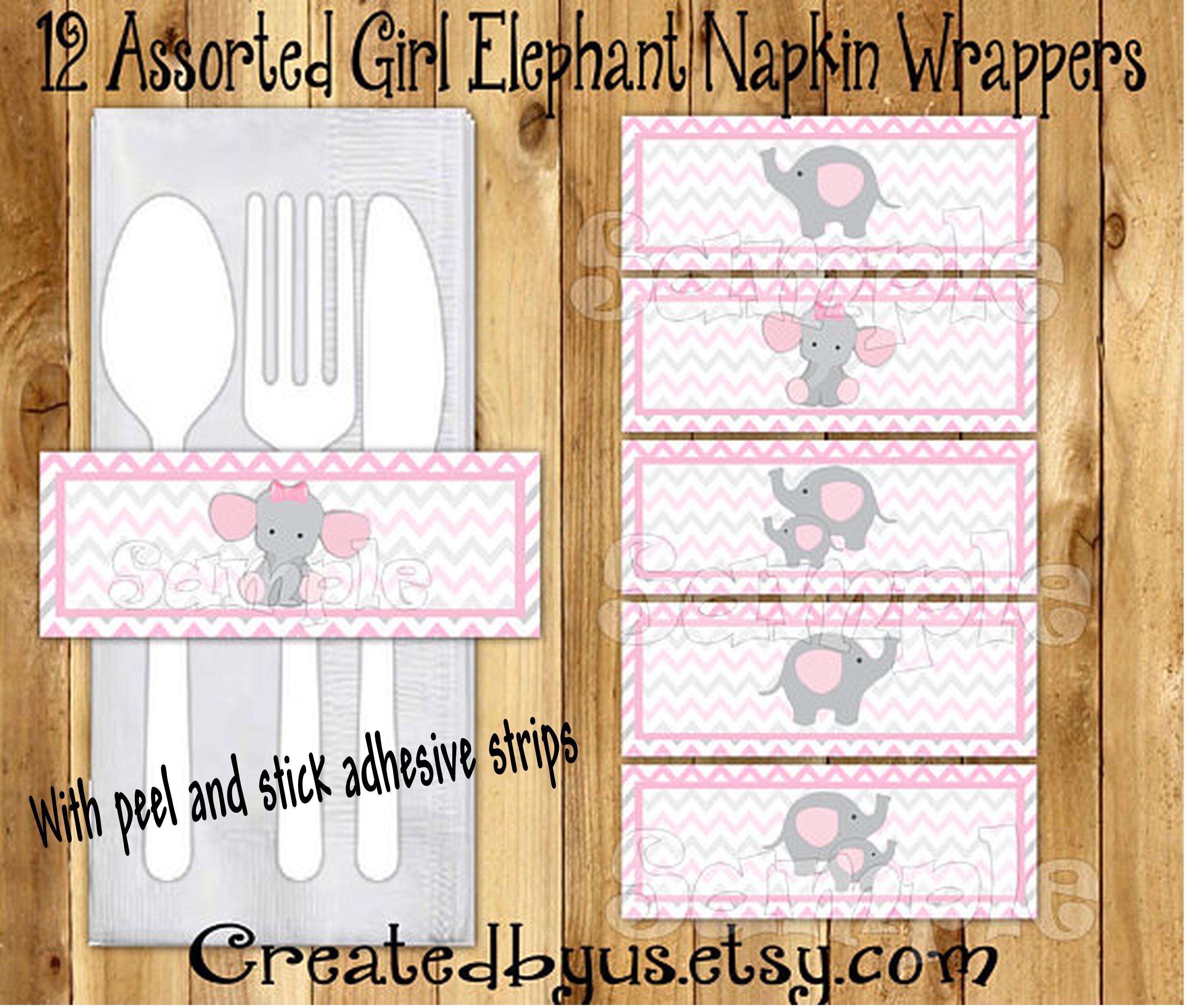 Baby Elephant Napkin wrappers Elephant Baby girl shower Decor Baby elephant napkin bands Paper napkin ring holder utensil