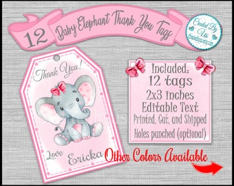 Baby girl Elephant Thank you tags birthday party tags PERSONALIZED Elephant baby shower Party favors Custom gift tags 12 PRECUT printed