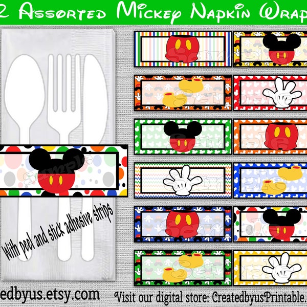 Mickey Playhouse Napkin wraps Mickey Birthday Decorations Baby shower napkin band Paper napkin ring holder utensil wrapper 12 peel and stick