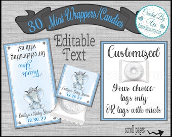 Royal Elephant Baby Shower Mint Favors Prince Baby boy Elephant mints Printed Mint Topper Personalized Party Favors Thank you favor Precut