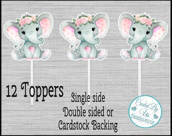 Baby Girl Elephant Cupcake Toppers Watercolor Floral elephant Baby shower party cupcake picks Double Sided cake topper flower 12 assembled