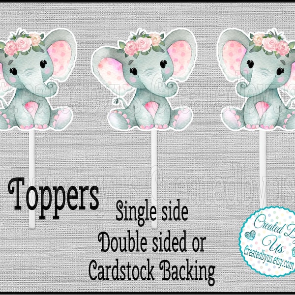 Baby Girl Elephant Cupcake Toppers Watercolor Floral elephant Baby shower party cupcake picks Double Sided cake topper flower 12 assembled