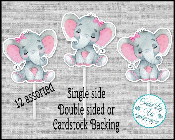 Baby Girl Elephant Cupcake Toppers Watercolor Sleeping elephant Baby shower  party cupcake picks Double Sided cake topper pink 12 assembled
